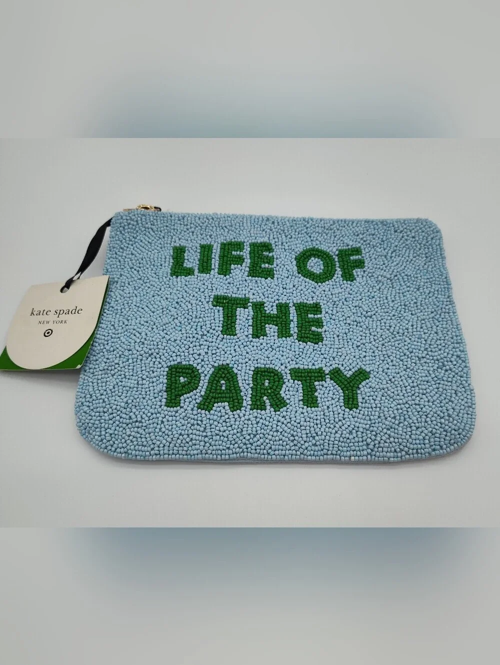 KATE SPADE Life of the Party Blue Beaded Zip Clutch Pouch NWT